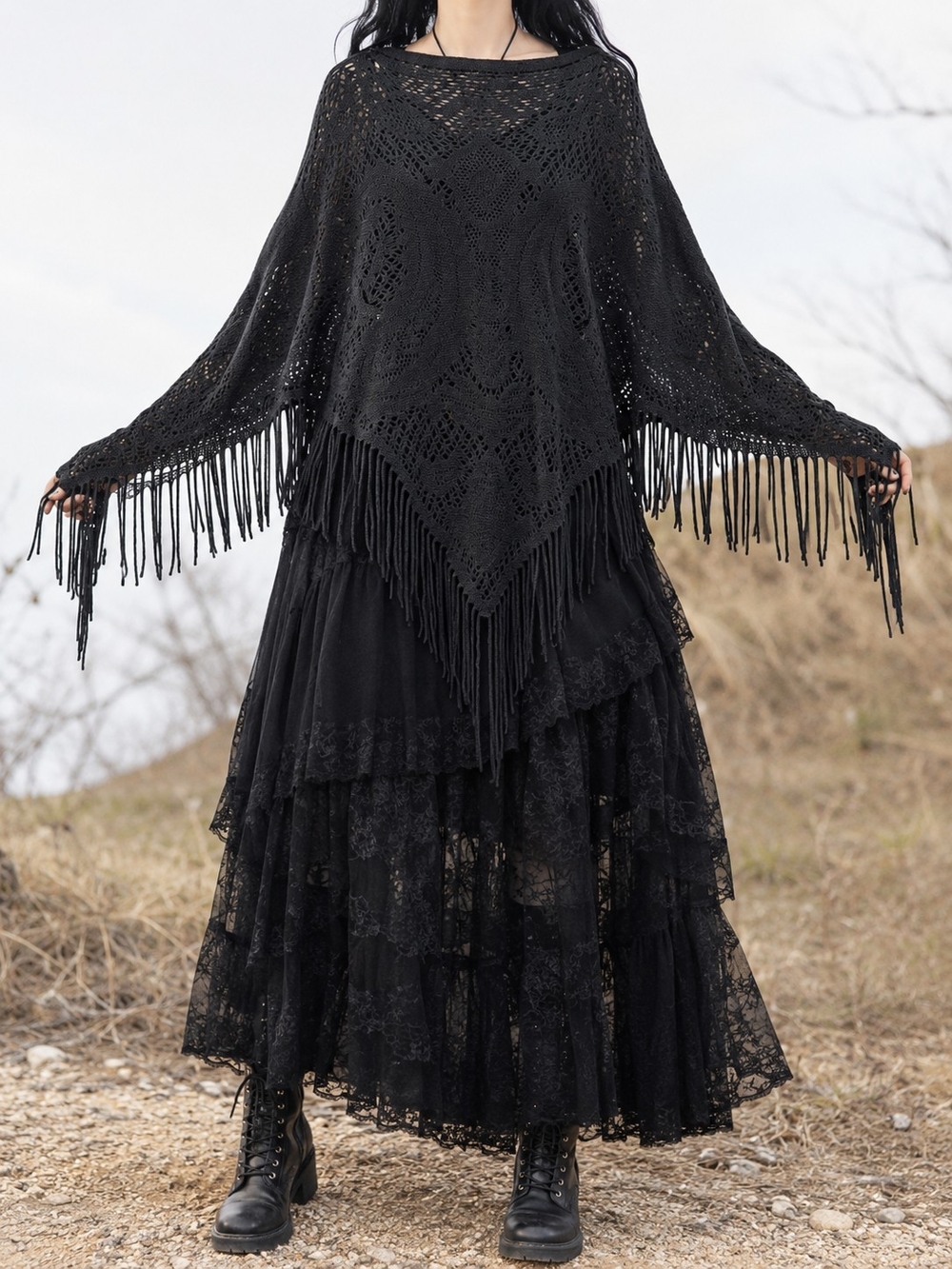 Whimsigoth Black Crochet Fringe Poncho One Size Open Knit Alt Goth Boho Cape